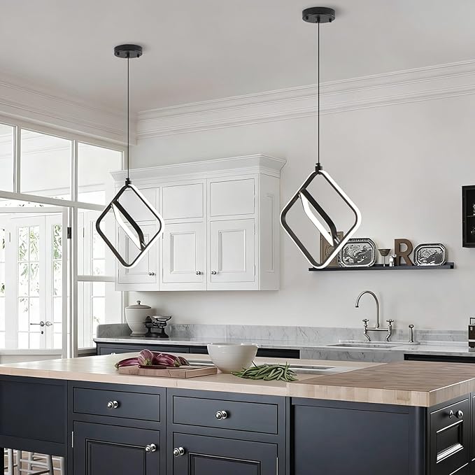 Modern Pendant Lights, LED Pendant Light Fixtures for Kitchen Island, 3000K LED Pendant Lighting for Bedroom, Bathroom, Living Room, Adjustable Height Square Chandelier, 2 Pack