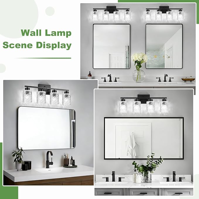 Black Bathroom Light Fixtures, 4-Light Modern Bathroom Vanity Wall Light, Vanity Lights for Mirror, Wall Sconces with Clear Textured Glass (E26 Socket, Bulbs Not Included)