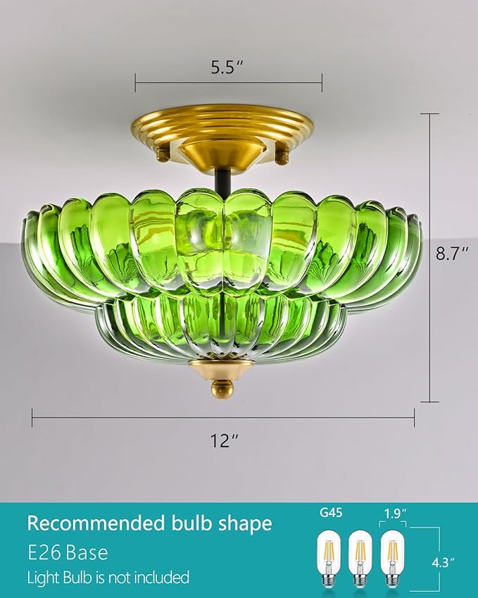 Black Semi Flush Mount Ceiling Light with Green Glass Shades, 3-Light Modern Farmhouse Lighting Fixture for Kitchen, Bathroom, Hallway, and Entryway