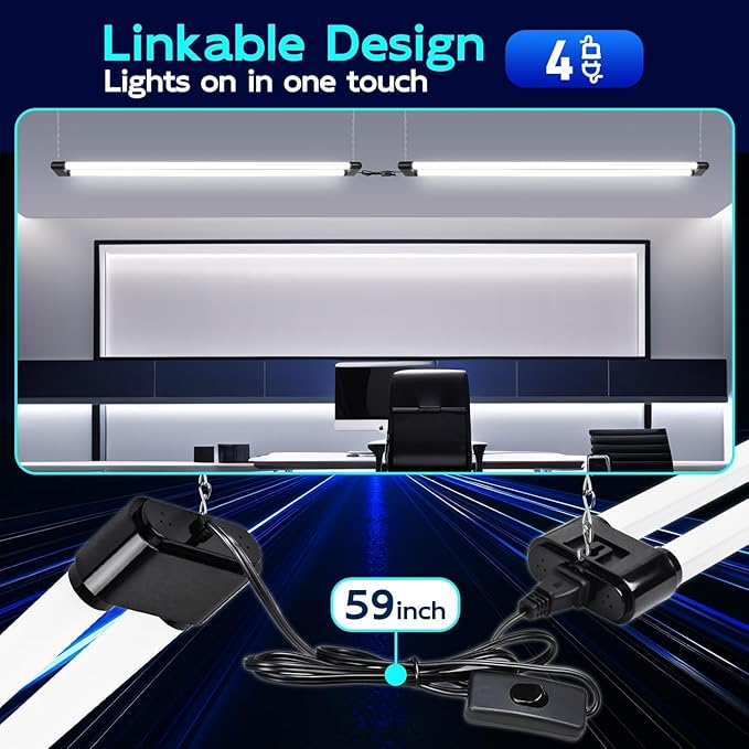 hykolity 4 Pack Linkable LED Shop Light, 4FT 44W [300W Equivalent], 4600lm, 5000K Daylight, Plug-in Utility Bay Light Fixture, Hanging or Surface Mount, Black - Energy Efficient Lighting Solution