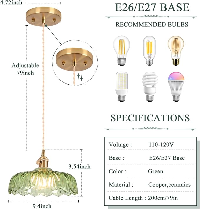 Pendant Lights Kitchen Island,Green Glass Pendant Light Vintage Light Fixtures,9.4inch E26 Finish Ceiling Hanging Lamp for Bedroom Living Room Hallway