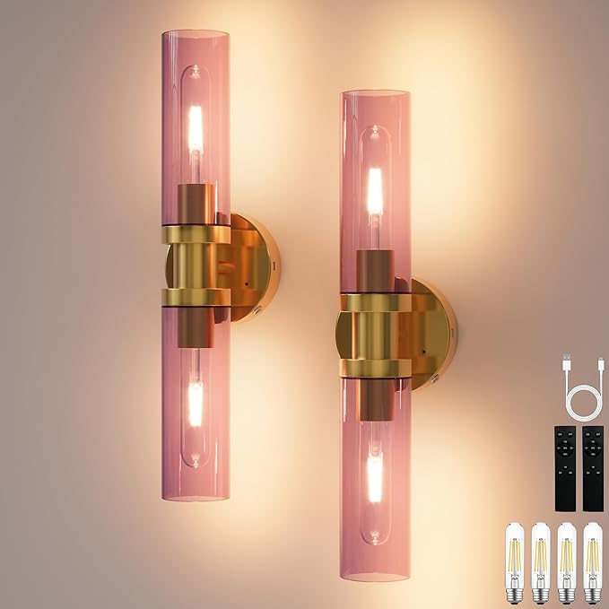 Rayogale Rechargeable Battery Wall Sconce Set of Two, 10000mAh Cordless, Dimmable, Touch Control for Living Room, Bedroom Gold with Wine Red Lampshade (Include 4 Special Bulbs)