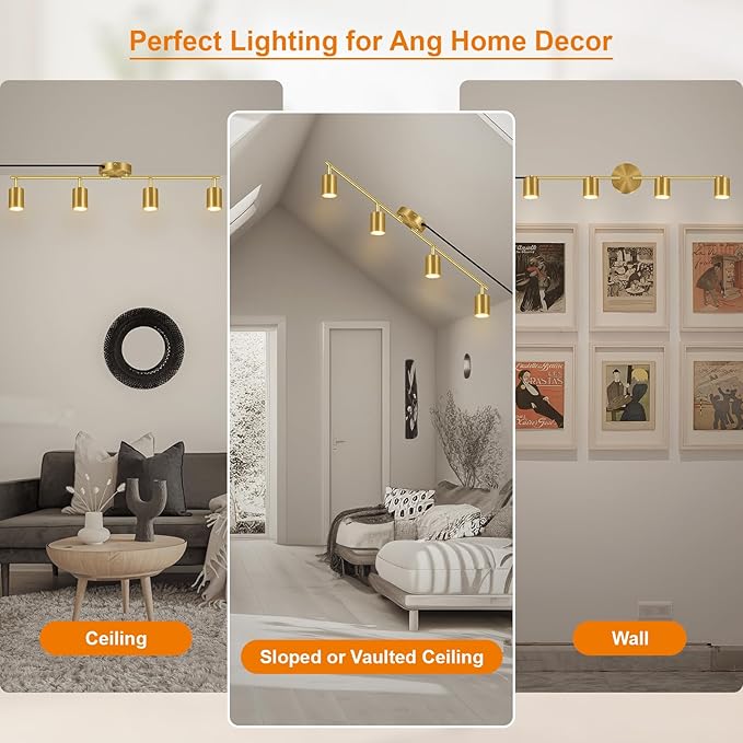 Track Lighting Plug in, LED Track Lighting Fixtures Ceiling Kit, Gold 4-Light Ceiling Light Plug-in, Wall Light with 14.8ft Power Cord, Rotatable Kitchen Spotlight for Bedroom(GU10 Socket, NO Bulb)