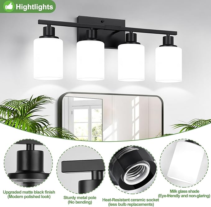 Indoi 4-Light Bathroom Light Fixtures, Matte Black Vanity Lights with Milk Glass Shades, Modern Bathroom Wall Lamp for Mirror Living Room Bedroom Porch