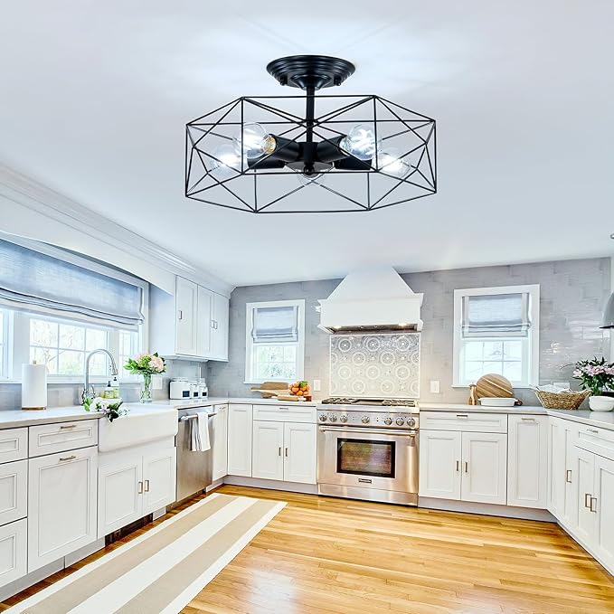 5-Light Farmhouse Semi Flush Mount Ceiling Light Fixture, Modern Black Ceiling Light, Industrial Close to Ceiling Light with Metal Hexagon Cage Ceiling Lamp for Kitchen, Hallway, Bathroom，closet