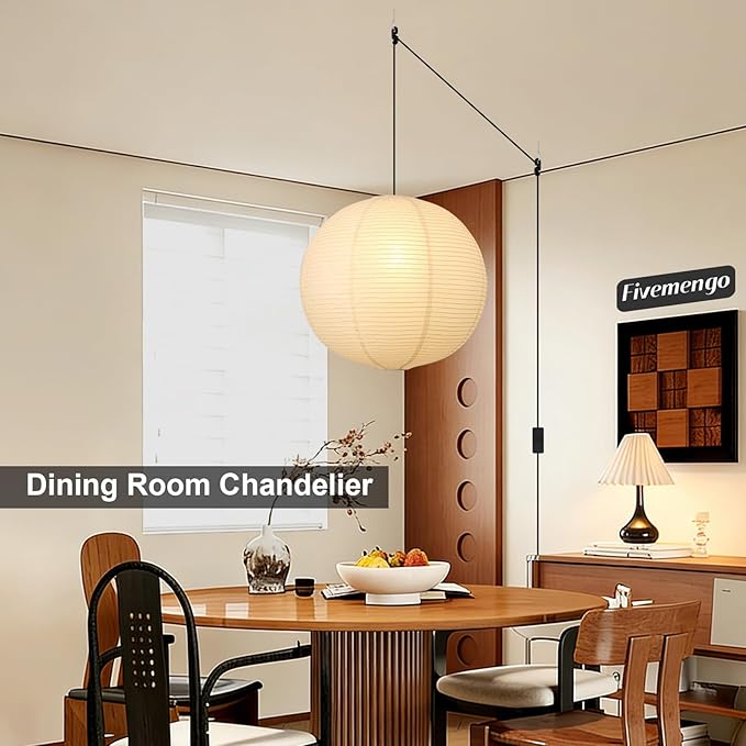 Paper Lantern Lamp Plug in Hanging Lamp 23.6in Off-White Rice Paper Pendant Light with 19.7FT Cord Large Globe Japanese Japandi Wabi Sabi Chandelier for Dining Living Room Bedroom 1 Pack