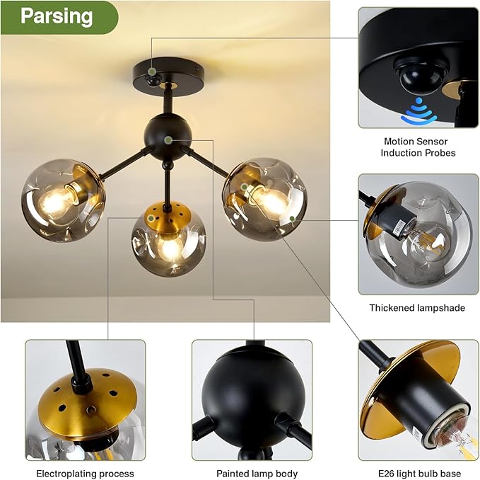 SZXYKEJI Motion Sensor Light Indoor 3-Light Vintage Semi Flush Mount Ceiling Light Fixture with Glass Globe Black Chandelier for Closet Hallway Stairway Porch Entryway