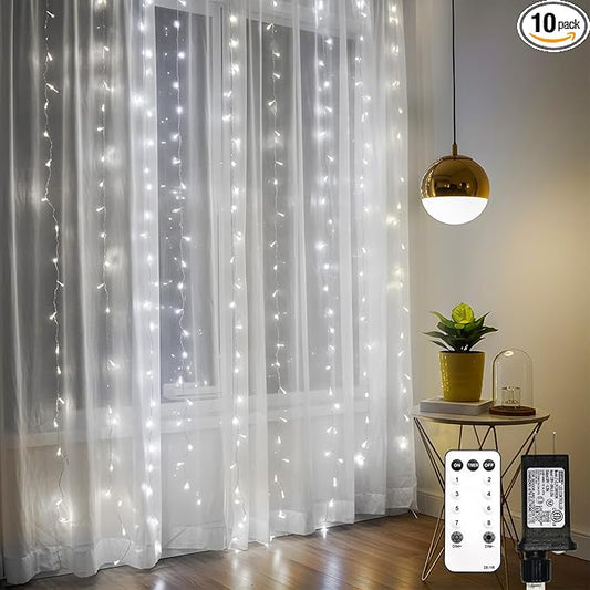 suddus Curtain Lights Outdoor, 300 Led 9.8ft x 9.8ft Hanging String Lights for Bedroom, Window, Wall, Wedding, Party, White
