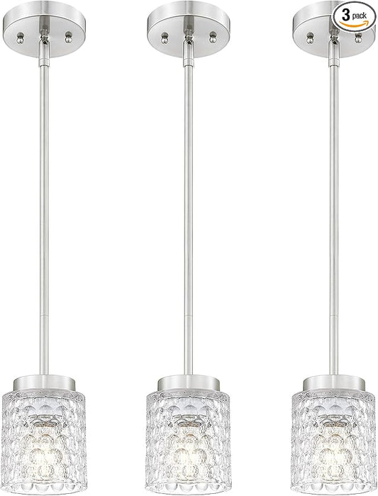 FEMILA 3 Pack Brushed Nickel Pendant Lighting,4" Mini Glass Pendant Light for Kitchen Island, Pendant Light Vintage Light Fixtures for Bedroom, Hotel, Dining Room, 4FY86MIL-3PK BN