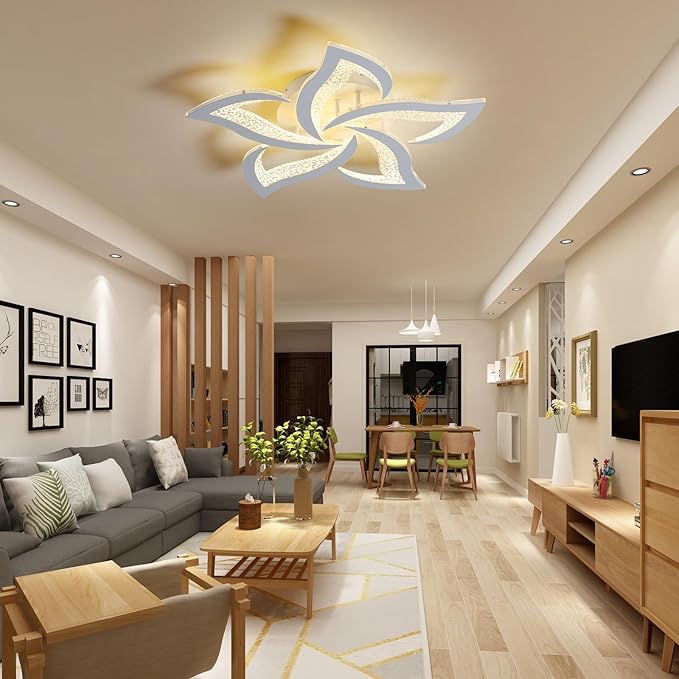 Garwarm Modern Ceiling Light,23.6” Dimmable LED Chandelier Flush Mount,Remote Control Acrylic Flower Celing Lamp Fixture for Living Room Dining Room Bedroom Hallway 45W White