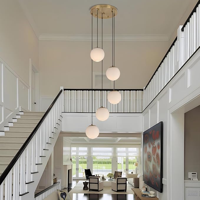 Modern Globe Cluster Chandeliers, 5-Light White Glass Pendant Light Multi Cluster Pendant Lighting Mid Century Chandelier for Living Room Staircase Foyer Entryway, Brass