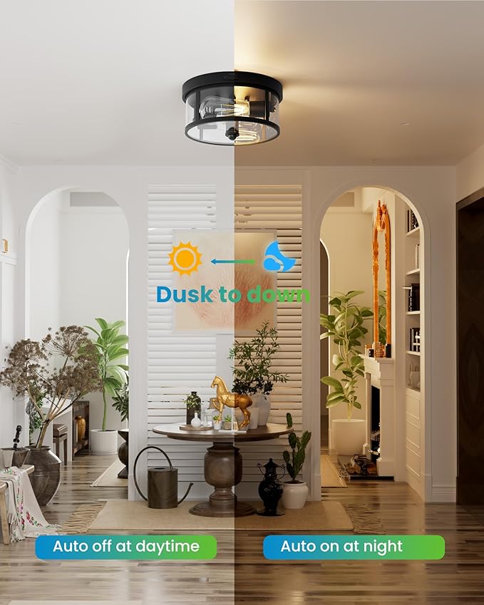 2Pack Outdoor Flush Mount Ceiling Light 12.5In - Motion Sensor Porch Light, 2-Light E26 Socket, Durable Iron & Clear Glass, Light Fixtures for Porch, Driveway, Covered Patio, Farmhouse