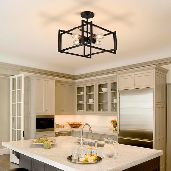 HuisMier 4 Lights Black Industrial Ceiling Light Fixtures, Farmhouse Semi Flush Mount Ceiling Light Fixture Black Industrial Chandelier for Kitchen Island Dining Room Bedroom Foyer Hallway