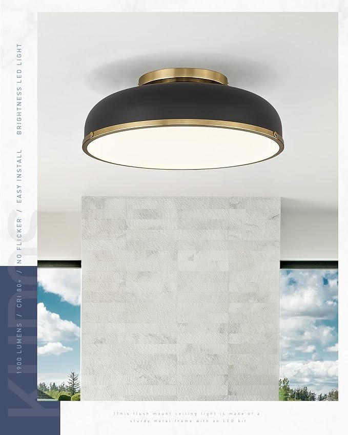 kudos Ceiling Light, 16-inch LED Flush Mount Ceiling Light, Black and Gold Finish, 30W/1900lm Light Fixtures Ceiling Mount for Bedroom,Hallway, 3000K/3700K/4500K/5100K/6000K Adjustbale, KDCL15-BK-L