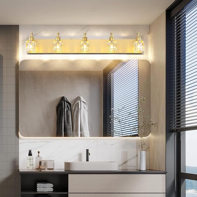 PRESDE Modern Crystal Vanity Light for Bathroom Gold 5 Light Bathroom Wall Light Fixtures Over Mirror