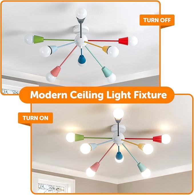 Colorful Chandelier, Modern Sputnik Chandelier, 8-Light Kids Light Fixture with Multi Color Rainbow Fun Lights for Kids Room Living/Dining Room Kitchen Hallway(E26)