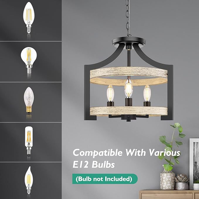3-Light Farmhouse Chandelier, 14.5” Pendant Hanging Lighting Adjustable Height, Convertible Vintage Semi Flush Mount Ceiling Light Fixture, Rustic Chandeliers for Dining Room Foyer Entryway Kitchen