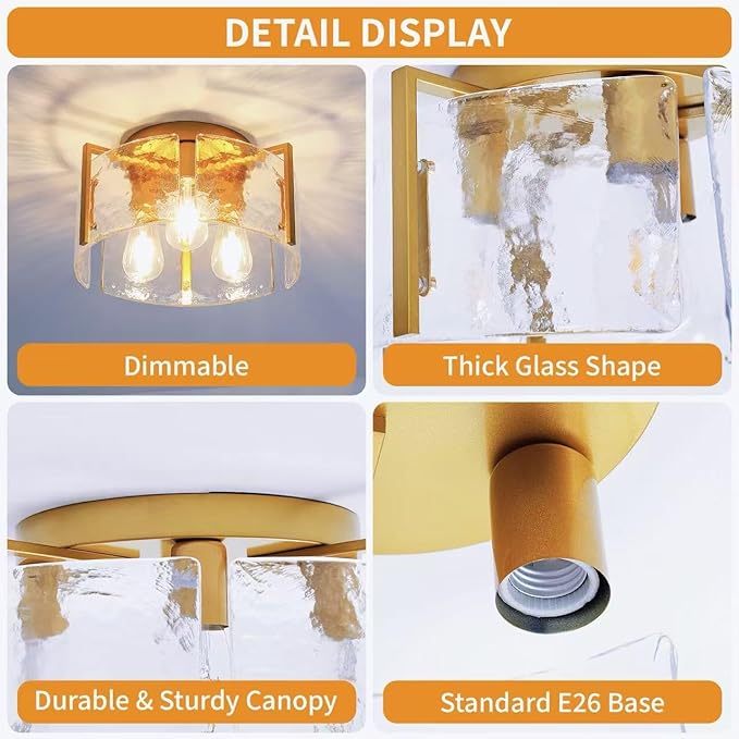 Modern 3-Light Semi Flush Mount Ceiling Light, Gold with Water Ripple Glass Shade, Farmhouse Close to Ceiling Light Fixture for Hallway, Bedroom, Kitchen, Living Room, Entryway