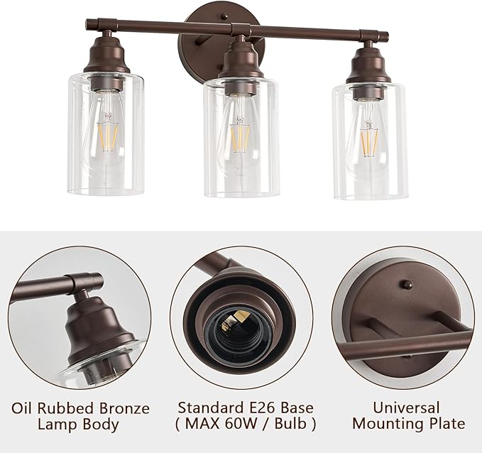 Refice Bathroom Vanity Lights Over Mirrors 3-Light Oil Rubbed Bronze Bathroom Light Fixtures with Clear Glass Shades for Mirror, Living Room, Farmhouse,Hallway (Bulbs Not Included)