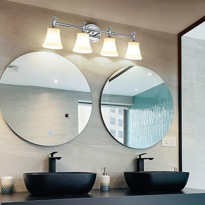 Bathroom Vanity Light Fixtures, Traditional Chrome 4 Lights Wall Sconce Lighting with Opal Glass Shade, Porch Wall Mount Light Fixture for Bathroom, Mirror Cabinets Hallway Stairs