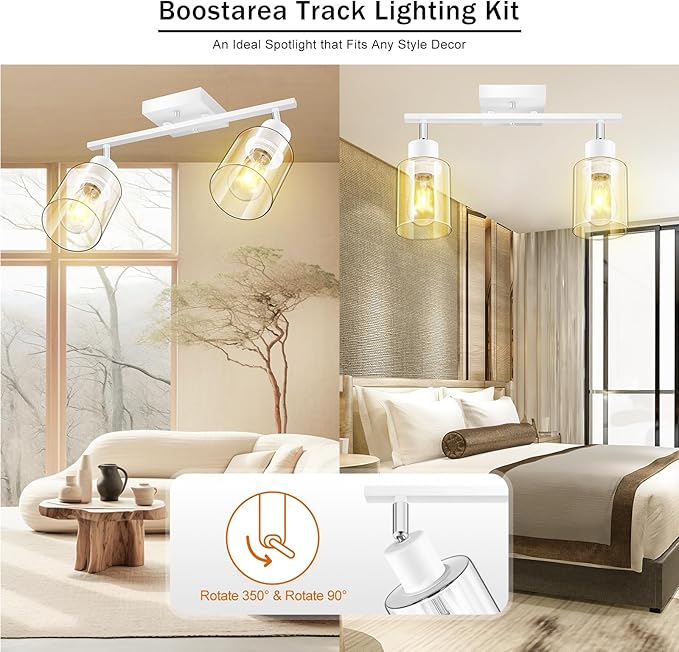 BoostArea White LED 2 Light Track Lighting Kit, 2 Way Ceiling Spot Lighting with Glass Lampshade, Flexibly Rotatable Light Head for Kitchen, Living Room, Bedroom, Bulb Not Included