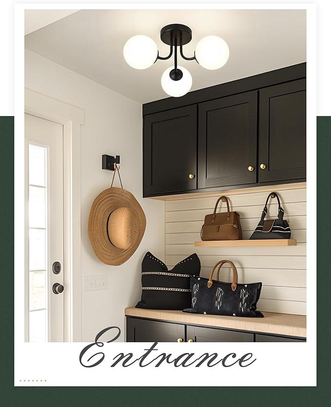 3-Globe Black Flush Mount Ceiling Light in a Modern Farmhouse Design is Ideal for Living Rooms, Bedrooms, or Dining Rooms. Model:CKCL4845-3W-BK，(Bulb Incl)