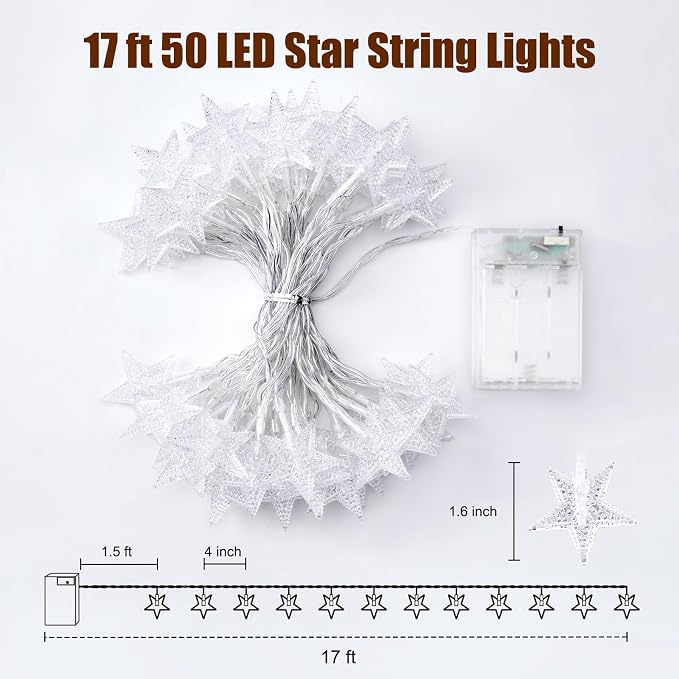 Minetom Star String Lights Battery Operated - 17 ft 50 LED Star Fairy String Lights with Timer, Waterproof for Indoor Bedroom Tent Loft Bed Patio Party Wedding Ramadan Decorations, Warm White