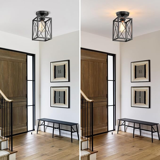 Ceiling Light Fixtures Flush Mount Black Hallway Light Fixtures Ceiling Rustic Farmhouse Island Light Fixtures,Farmhouse Black Metal Frame Light Fixture