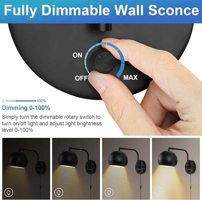 VATONI Plug in Wall Sconces, Dimmable Wall Sconce Swing Arm Wall Lights with Plug in Cord and Dimmer On/Off Knob Switch, Black Globe Wall Light for Bedside Bedroom Bathroom(1 Bulb Included)