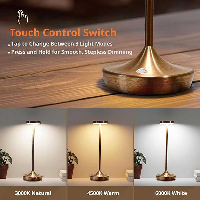 Cordless Table Lamps, Rechargeable 6000mAh LED Desk Lamps, Up to 60 Hours, Touch Control with 3-Level Dimming, Portable Waterproof Lights for Restaurant, Dining Table, Patio & Home (Bronze)