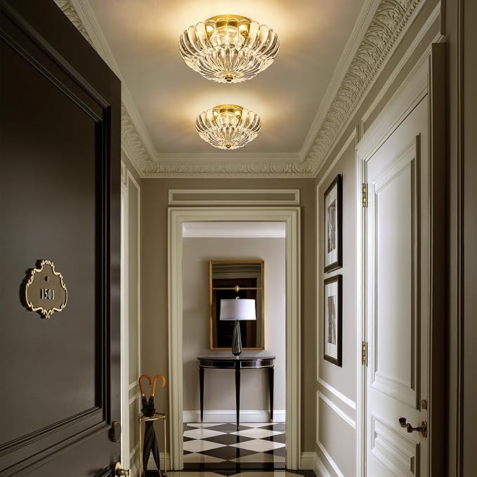 3-Lights Mid Century Modern Vintage Semi Flush Mount Ceiling Light Fixture,Gold Surface Treatment,Clear Flower Glass,for Hallway Bedroom Bathroom Foyer Closet Entryway Laundry Room(11.81 in)