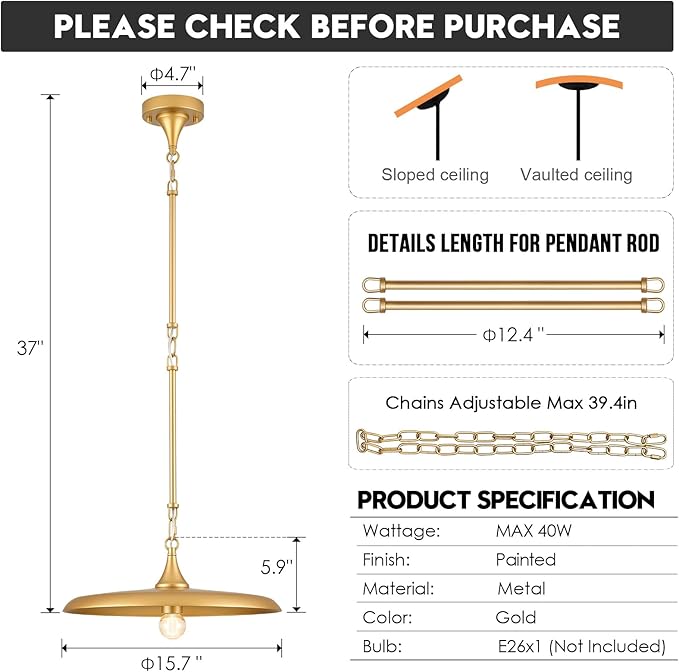 Gold Pendant Light 15.7in Pendant Lights Kitchen Island Pendant Light Fixture with Adjustable Brass Gold Modern Pendant Lighting for Dining Room Kitchen Sink, E26