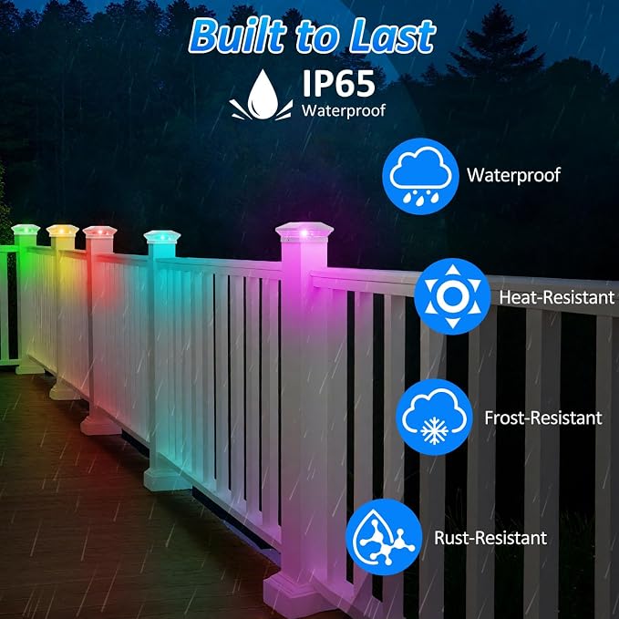 T-SUN Solar Post Cap Lights with Auto-Change Colors- for Wooden (4x4/6x6) & Vinyl (4x4/5x5) Posts | Weatherproof Outdoor Solar Fence Post Lights for Deck, Porch, Garden & Stairs(6-Pack,RGB)