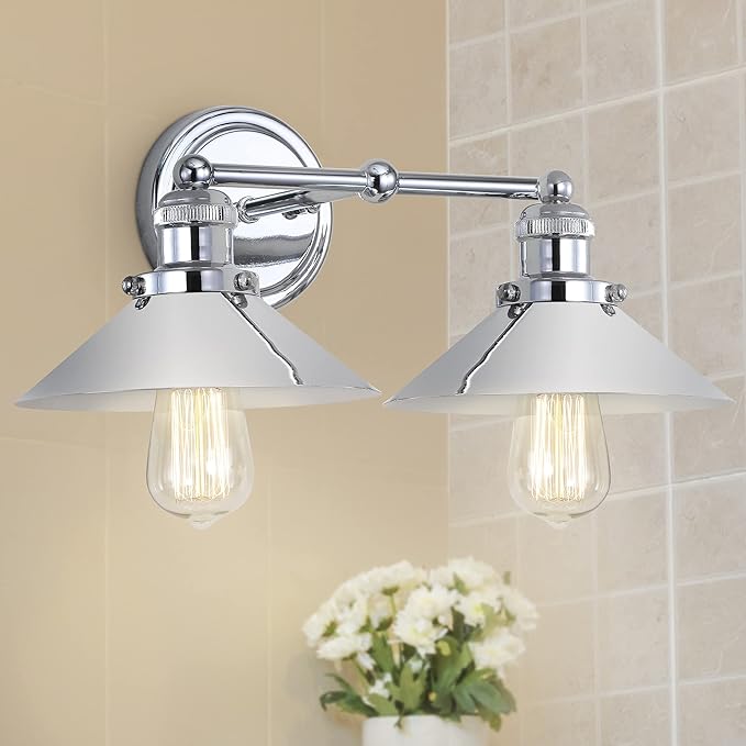 JONATHAN Y 17.5" Chrome 2-Light Industrial Farmhouse Metal Vanity Light Wall Sconce, Metal Shade for Bathroom Mirror, Kitchen, Entryway, LED Bulb Included (JYL7424A)