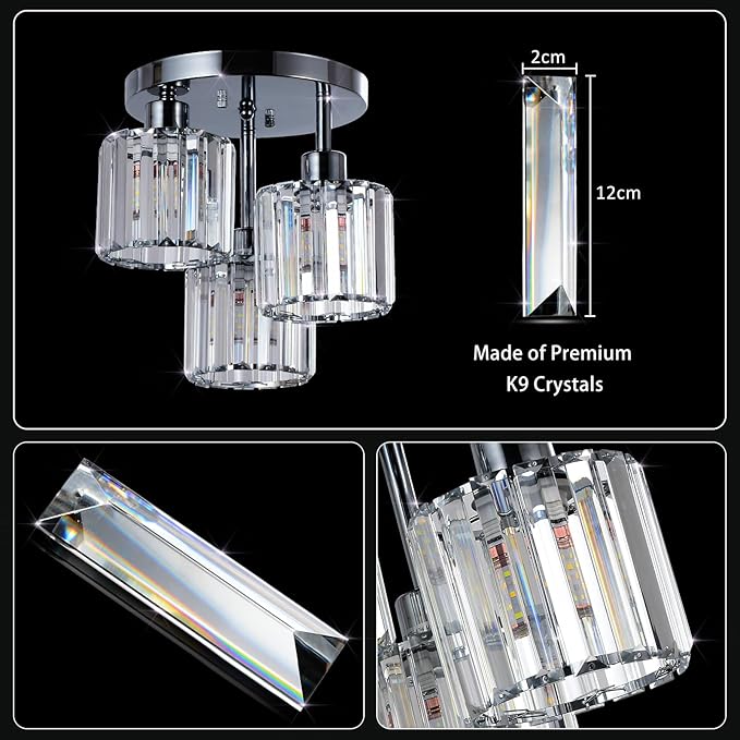 Semi Flush Mount Ceiling Light,3-Light Modern Close to Ceiling Light Fixtures,Kitchen Light with Clear Crystal Shades, Hallway Light Fixtures for Kitchen Entryway Bedroom Bathroom Foyer
