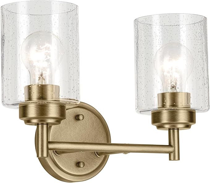 Kichler Winslow 13" 2-Light Bathroom Vanity Light Fixture with Clear Seeded Glass in Natural Brass for Luxe Industrial Style Over Mirror (13" x 9.25" x 6.5"), 45885NBR
