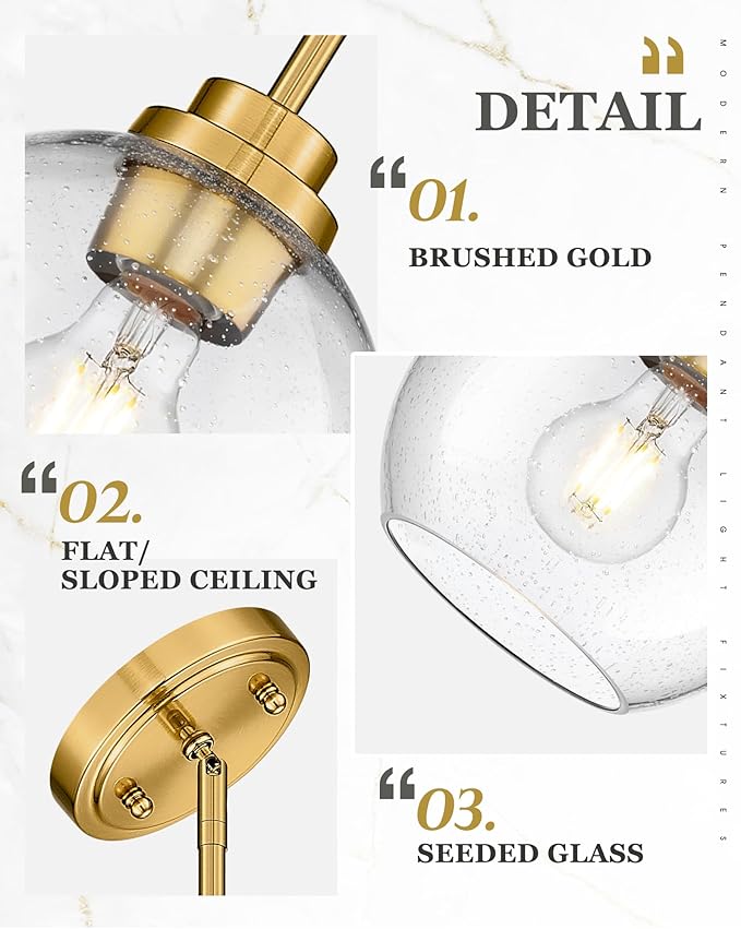 2-Pack Pendant Lights Kitchen Island, 7" Modern Brushed Gold Hanging Lights Fixtures with Clear Seeded Glass Globe Shade, Kitchen Island Lighting for Bathroom, AD-22280-1P2-GD-S
