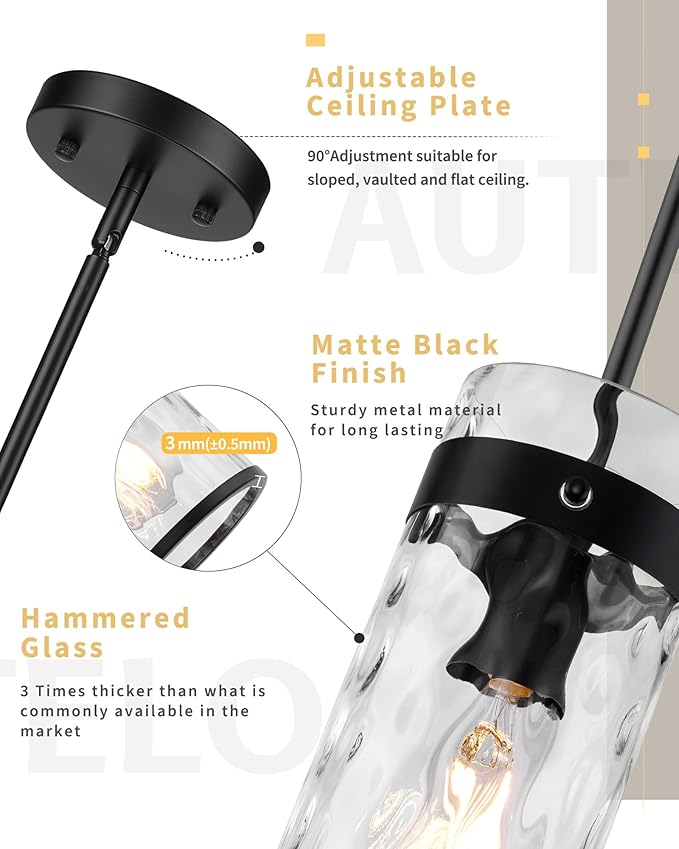 AUTELO 2 Pack Black Pendant Light, Glass Pendant Lights Kitchen Island with Hammered Glass, Modern Hanging Lamp with Adjustable Rods for Kitchen Dining Room, H-2529 HMBK2PK