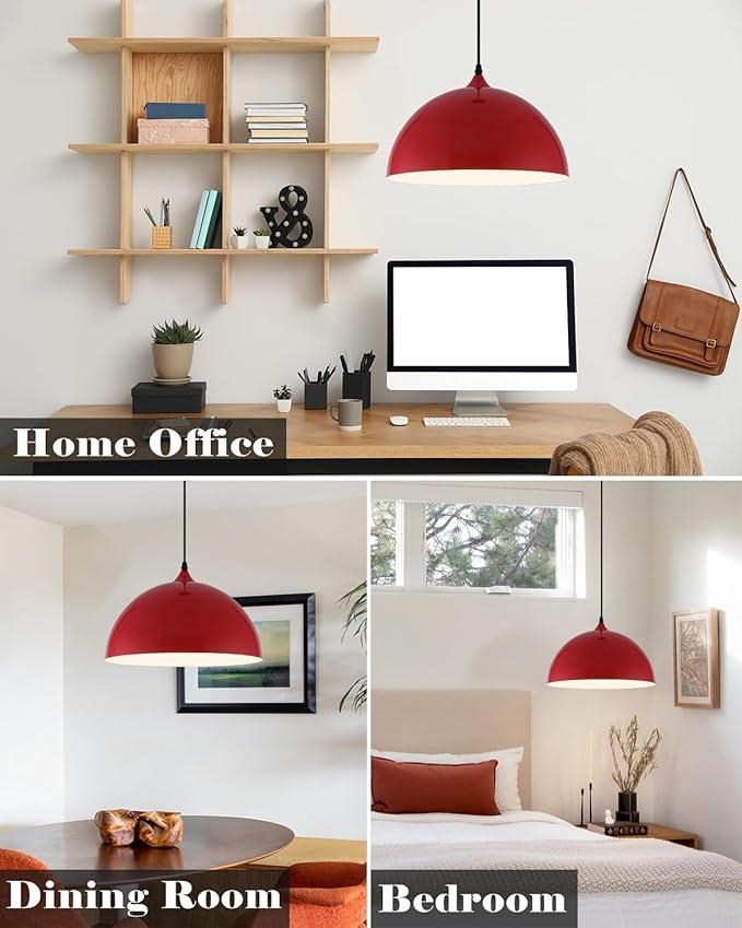 Red Pendant Lights Kitchen Island 2 Pack, 14 Inch Large Dome Pendant Light, Red Farmhouse Pendant Light, Island Pendant Lights for Kitchen, Dining Room, Cafe