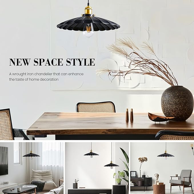 Hanging Light Fixture, Metal Pleated Lampshade Kitchen Island Pendant Lights Black Hanging Light Fixture 15.7 Inch Hanging Pendant Light 6.5Ft Height Adjustable
