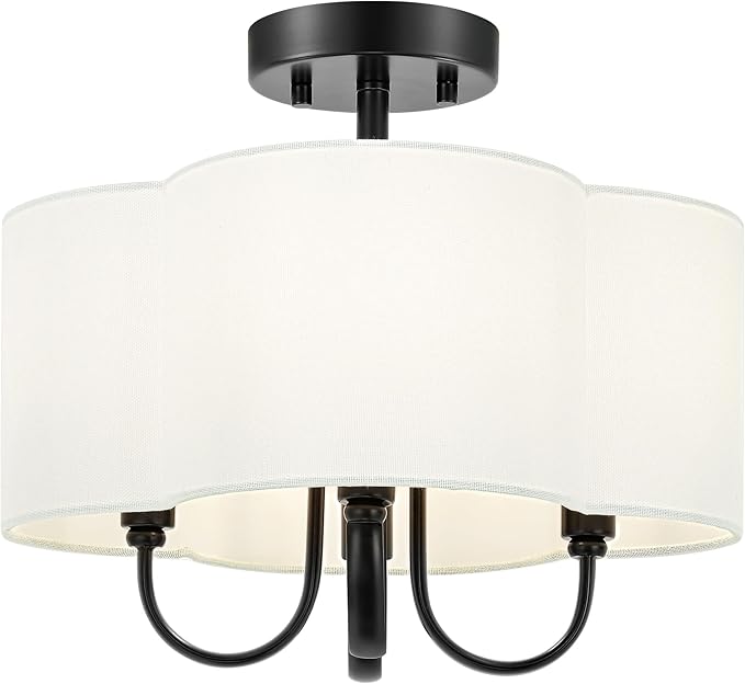 4-Light Semi Flush Mount Ceiling Light, 13.5" Vintage Light Fixtures Ceiling Mount with Fabric Shade in Quatrefoil for Kitchen Entryway Hallway Bedroom, Matte Black, SM179-MB