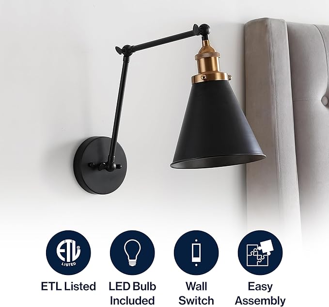 JONATHAN Y 7" Black/Brass Gold Classic Industrial Metal Adjustable Arm LED Wall Sconce for Bedside Reading, Farmhouse Swing Arm Wall Lamp with Metal Shade, Hardwired (JYL7462A)