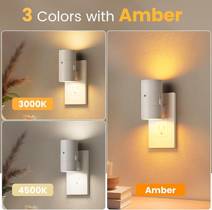 VOLISUN Night Light, Dimmable Led Night Lights Plug into Wall, Amber/3000K/4500K, 0-100LM Adjustable Brightness, Dusk to Dawn Nightlight for Hallway, Bathroom, Bedroom White 2 Pack