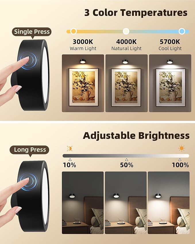 EZVALO LED Wall Mounted Lights, 3000mAh Rechargeable Wall Light Wall Sconces Lamp, 3 Color Temps & Remote and Touch Control, 360°Rotation Dimmable Cordless for Bedroom Reading Study Bedside (Black)