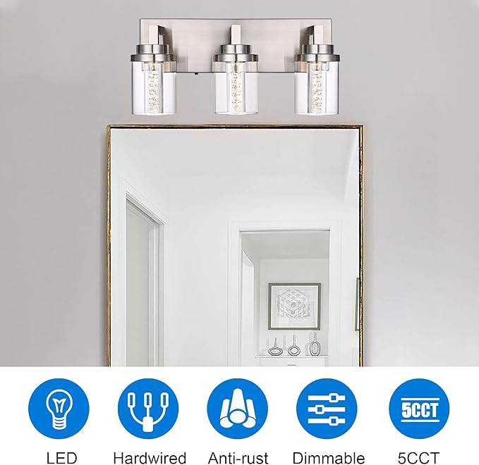 MELUCEE Modern LED Bathroom Vanity Light Bar Brushed Nickel Bubble Crystal Vanity Lights Over Mirror 3 Light Bath Wall Light Fixture with Clear Glass Shade, Built-in LED Chips, 5CCT Adjustable