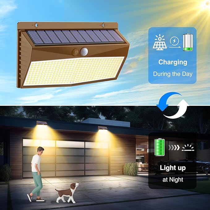 2 Pack 368 LED Solar Lights Outdoor Motion Sensor, Solar Fence Light with 3 Lighting Modes, Solar Powered Security Lights Waterproof for Outside Yard Wall Garden Backyard,Brown Warm