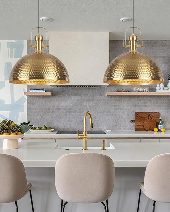15.7 Inch Gold Pendant Light 2 Pack, Hammered Industrial Pendant Lights，Fixtures Adjustable Height Dome Pendant Light for Dining Room Bedroom Bar