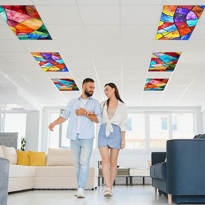 6 Pcs Fluorescent Light Covers with 60 Magnets Decorative for Classroom Ceiling Lights 4 x 2 Feet Magnetic Light Cover Filter Easy Install for Office Hospital Home Ceiling Supplies (Stained Glass)