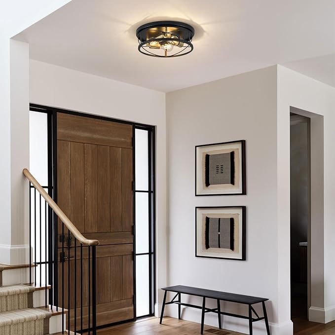 Farmhouse Light Fixtures, Black and Gold Round Metal Flush Mount Ceiling Light, 3-Light Cage Ceiling Lamp for Kitchen, Foyer, Bedroom, Hallway（Bulbs Not Included）