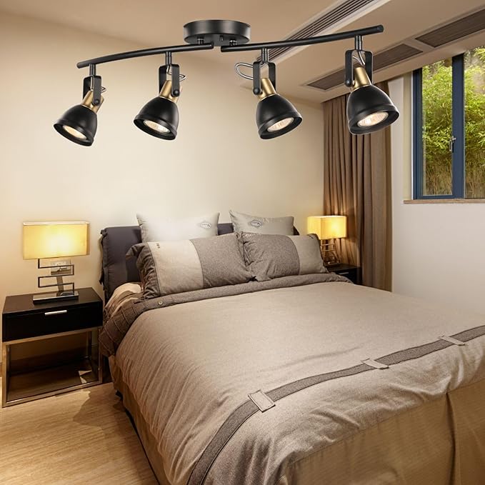 4 Light Track Lighting Kit, Matt Black Brass Finish 4 Way Adjustable with Moden Flush Mount Ceiling Spotlight for Kitchen,Dining,Living Room,Home Improvement